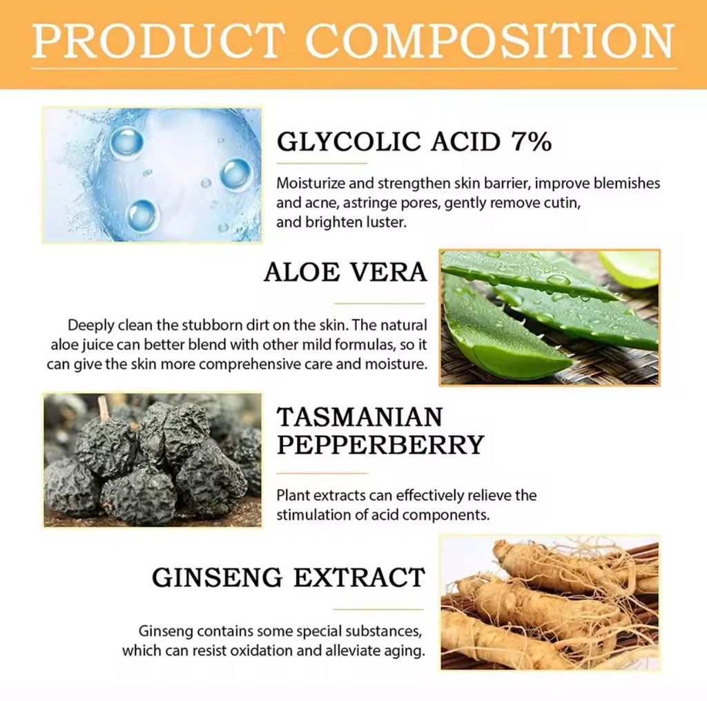 Product composition chart with glycolic acid, aloe vera, Tasmanian pepperberry, and ginseng extract images and descriptions.