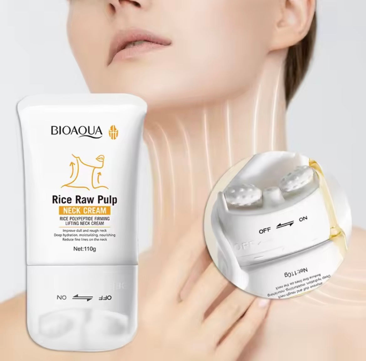 BIOAQUA Rice Raw Pulp Microneedling Cream shown in a white squeeze tube next to an inset close-up of the applicator head, with a model's neck and hand in the background.