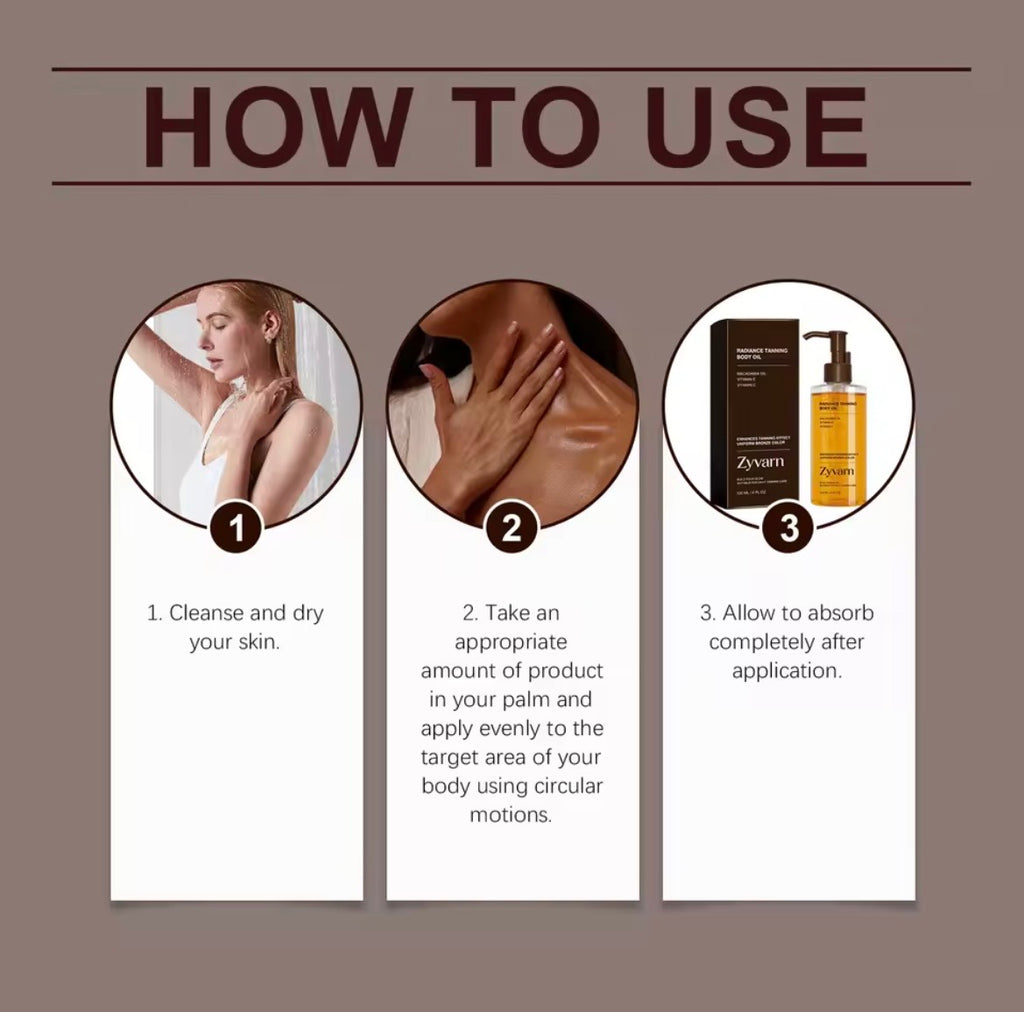 Instructional graphic titled 'HOW TO USE' with three numbered steps: cleanse and dry skin, apply product in palm and massage, and allow absorption. Small photos and product packaging are shown within the circles.