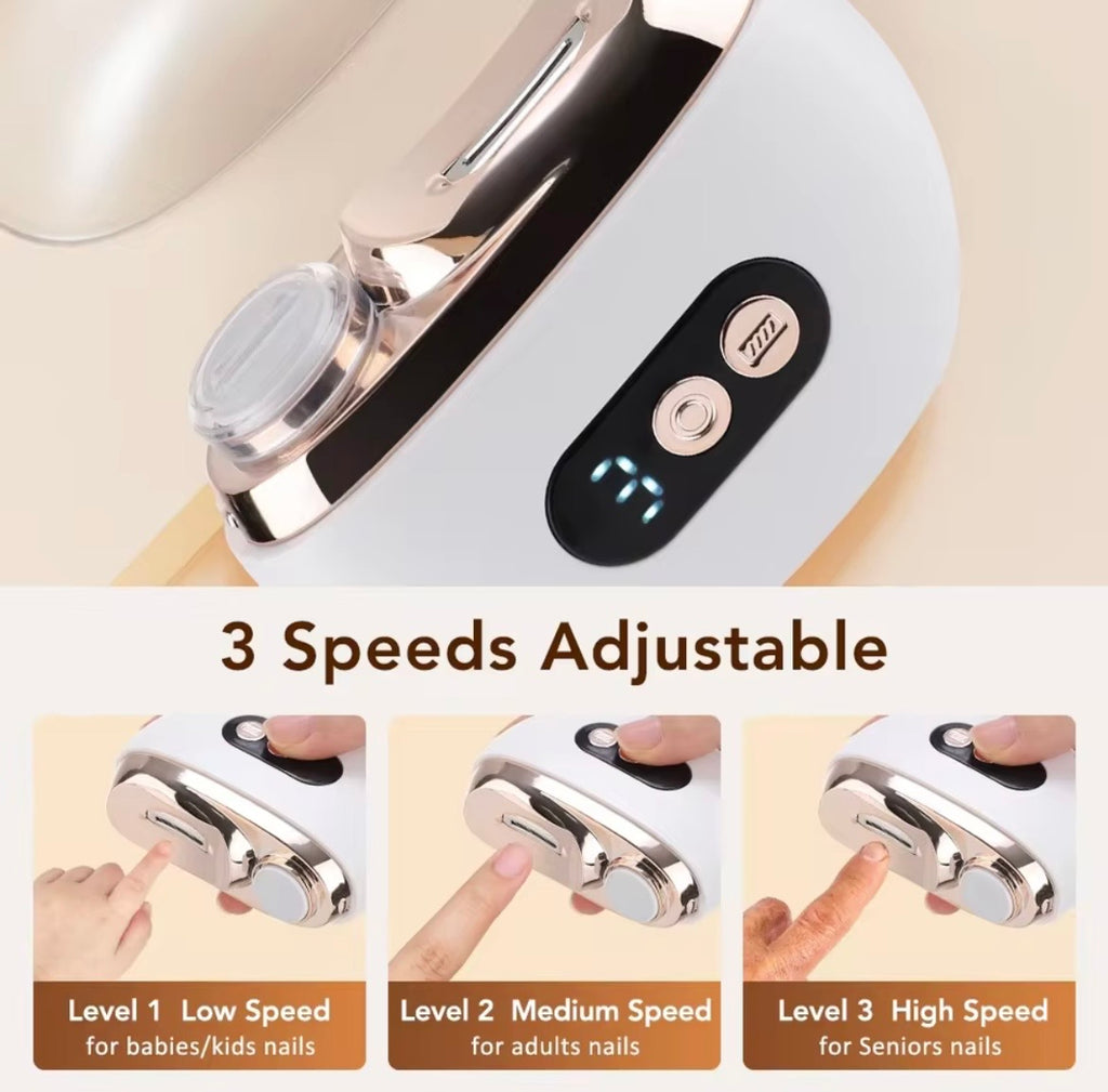White and silver nail care device shown close-up with a control panel, plus three smaller inset images demonstrating three adjustable speeds labeled for babies/kids, adults, and seniors.