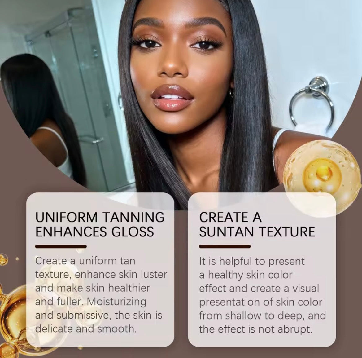 A promotional graphic for a hair tint or treatment result, showing a woman with long, straight, uniformly tan hair in a mirror selfie-style composition. Two text boxes explain benefits: 'UNIFORM TANNING ENHANCES GLOSS' and 'CREATE A SUNTAN TEXTURE.