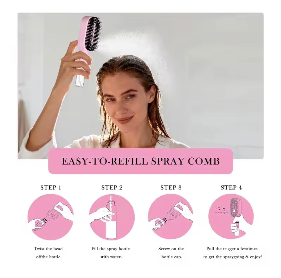 Woman using an easy-to-refill spray comb with step-by-step instructions displayed below.