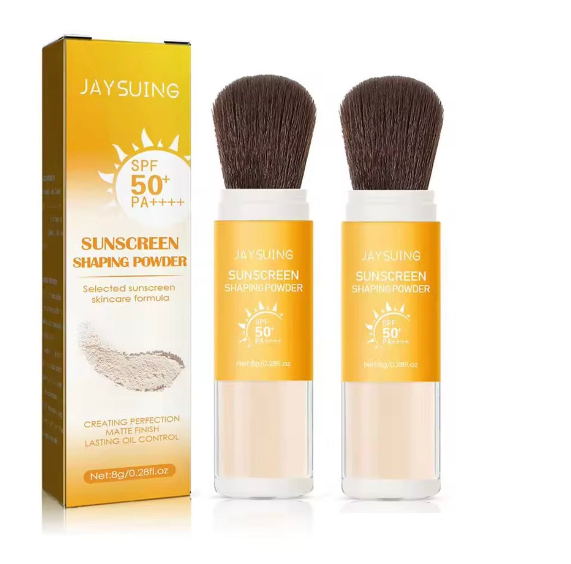 JAYSUING sunscreen shaping powder shown with its gold and white packaging box and two clear tubes containing the powder, each topped with a large makeup brush, on a white background.