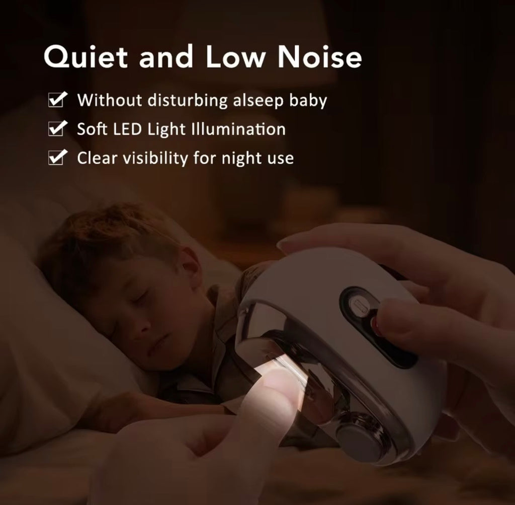 A person holds a small white and silver handheld device over a sleeping child in bed, with text reading 'Quiet and Low Noise' and bullet points about soft LED light and clear visibility for night use.
