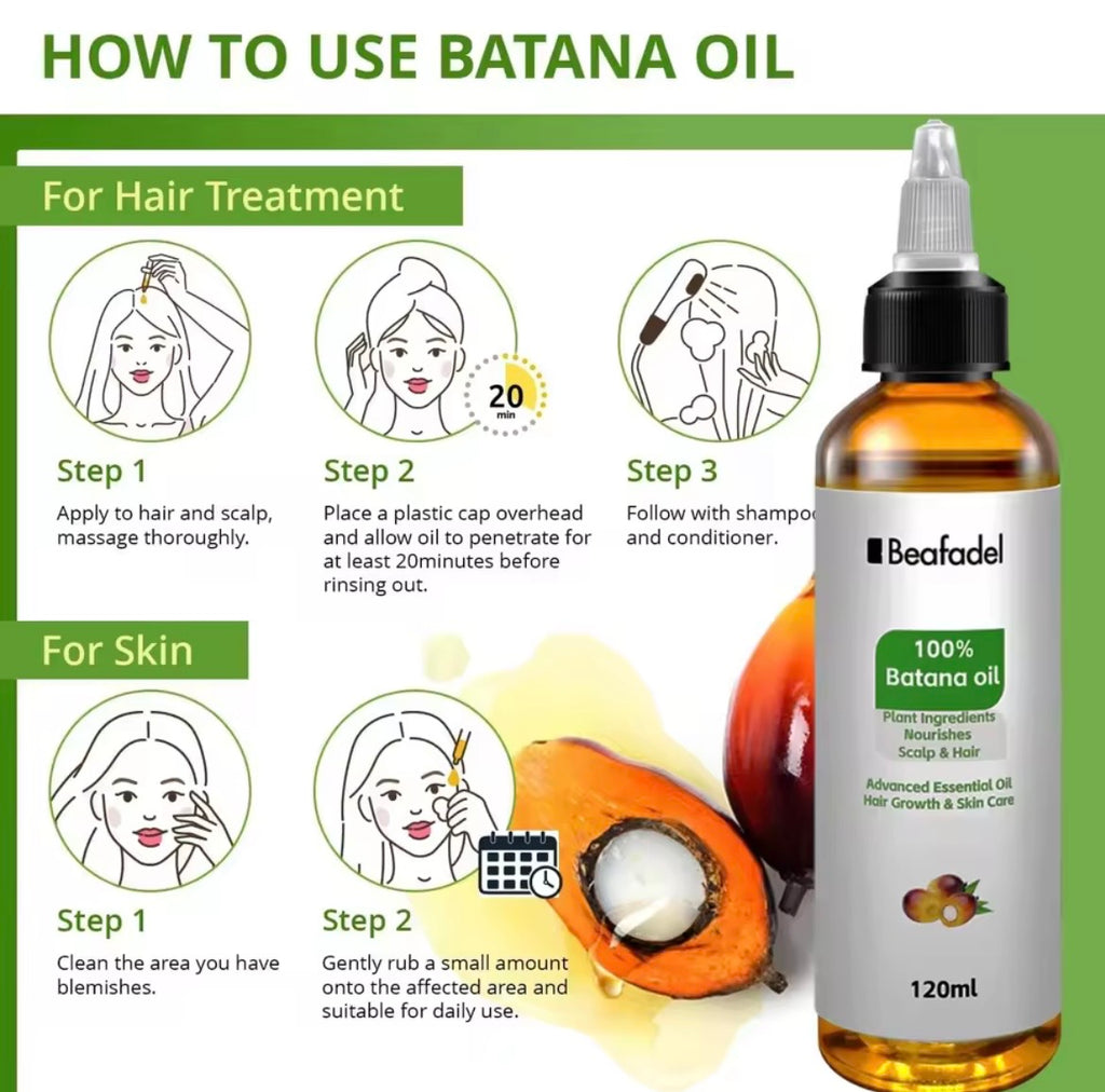 Beatfadel 100% Batana oil bottle shown on the right, with a green-and-white usage infographic on the left explaining hair and skin treatment steps. The bottle is amber glass with a black cap and white label, and banana slices are pictured near the bottle.