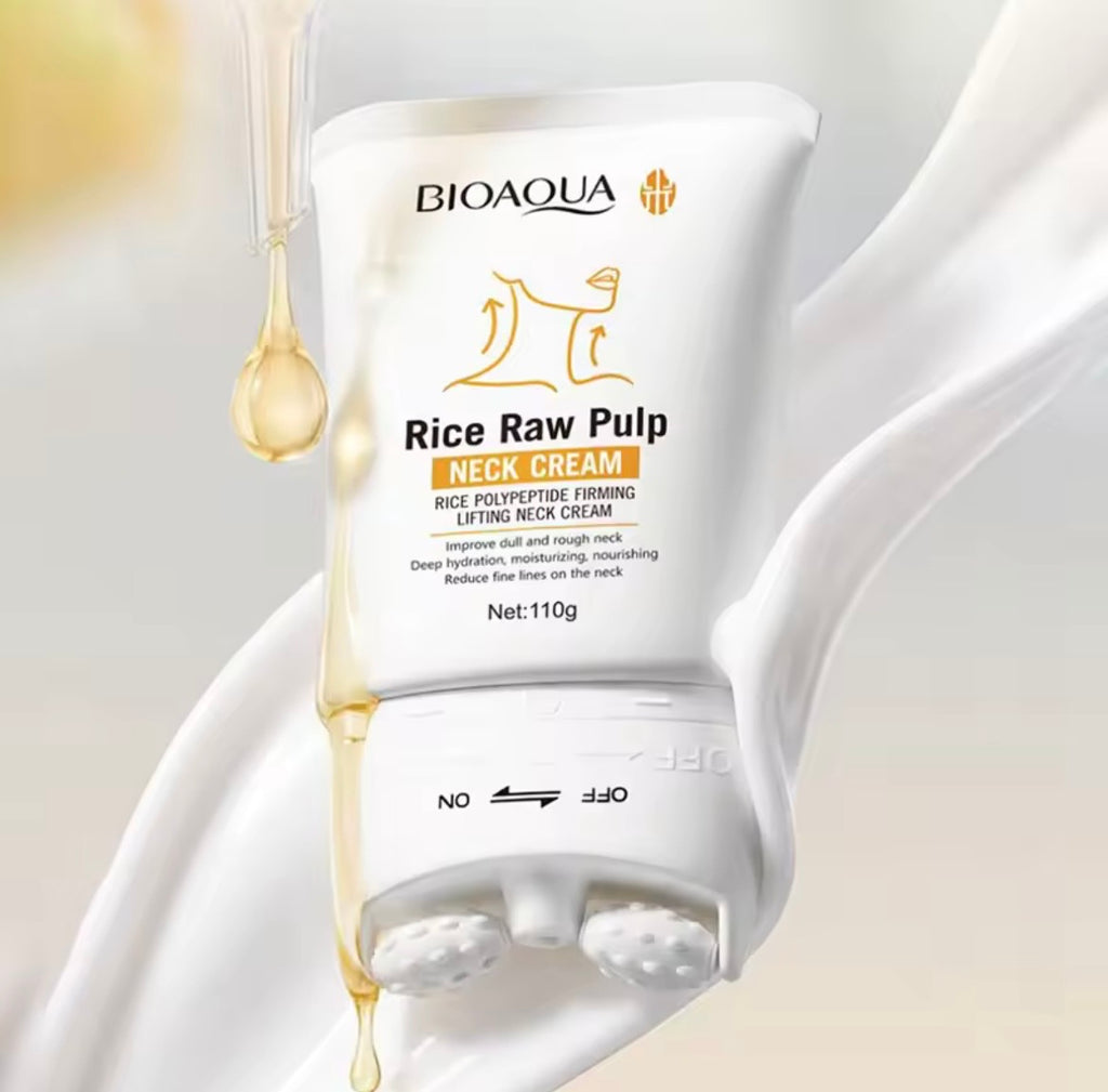 BIOAQUA Rice Raw Pulp Neck Cream in a white squeeze tube, shown with a golden liquid droplet dripping onto it against a soft white and beige background.