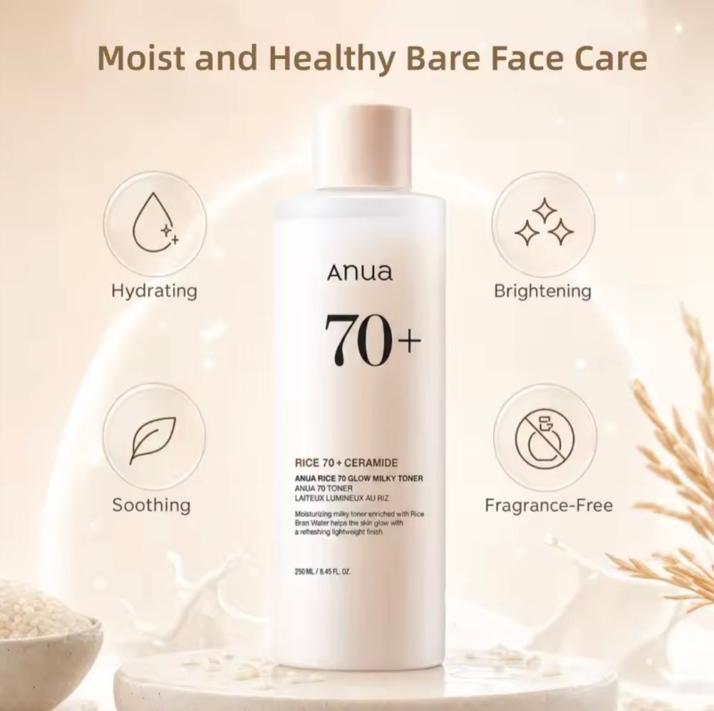 Anua 70+ Rice 70+ Ceramide moisturizing face toner bottle centered on a warm beige background with decorative text and icons highlighting hydrating, brightening, soothing, and fragrance-free benefits.