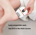 A close-up of a person using an electric foot file on their foot, with overlaid text reading 'Lazy exquisite care Say BYE to the thick cocoon.' The product is a compact white foot file with a gray abrasive pad and a small black digital display.