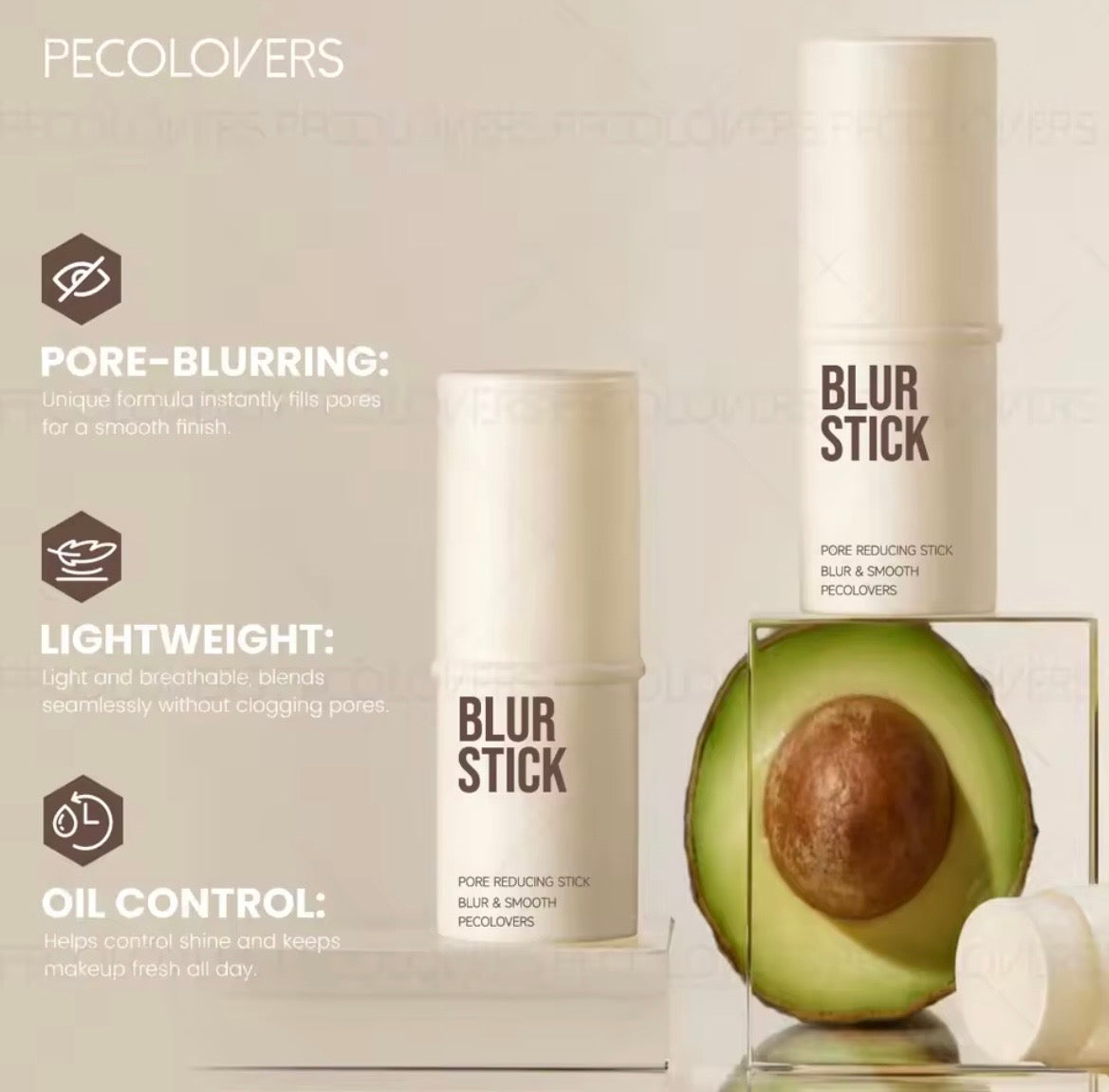 Pecolovers Blur Stick pore-reducing stick shown in a clean studio composition with two white cylindrical containers, one standing upright and one lying down on a clear acrylic block. A cut avocado is placed beside the products as a styling prop.