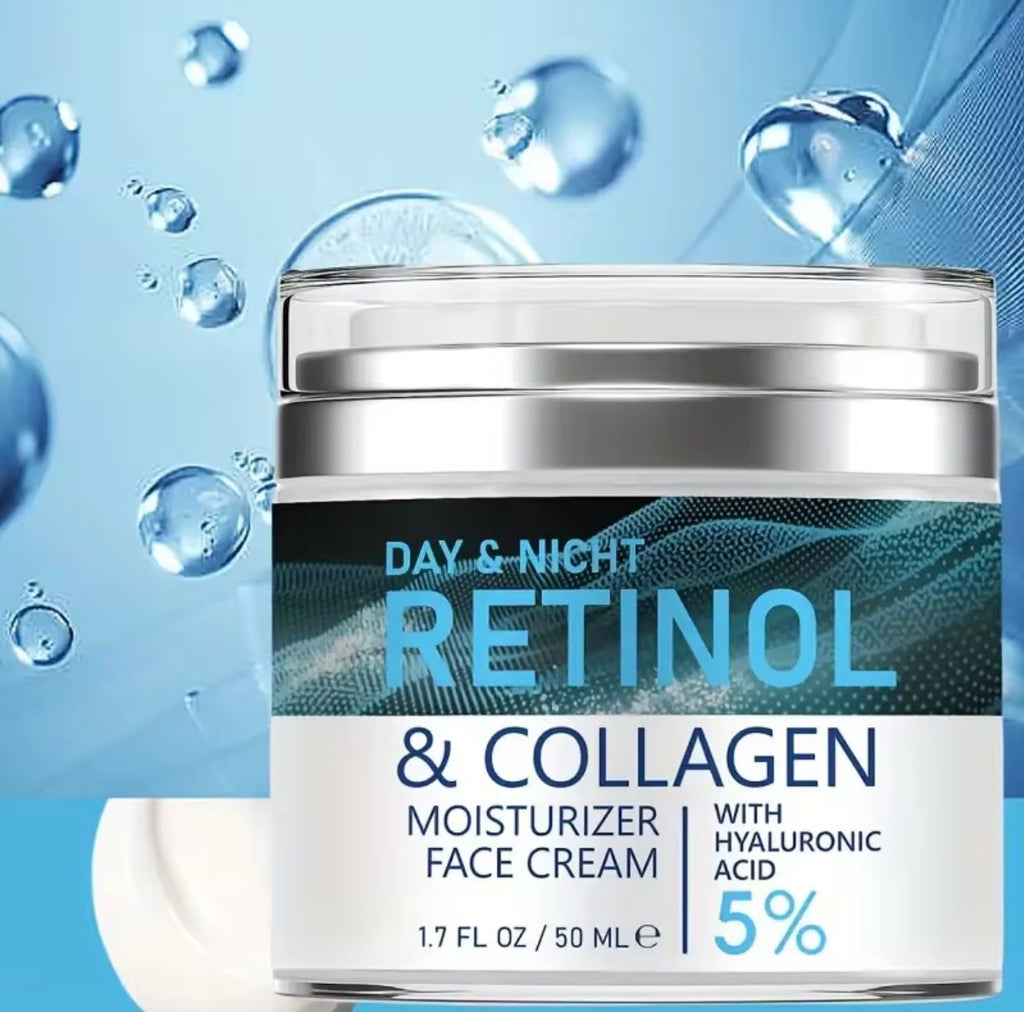 Retinol and collagen moisturizer face cream jar with water droplets on a blue background