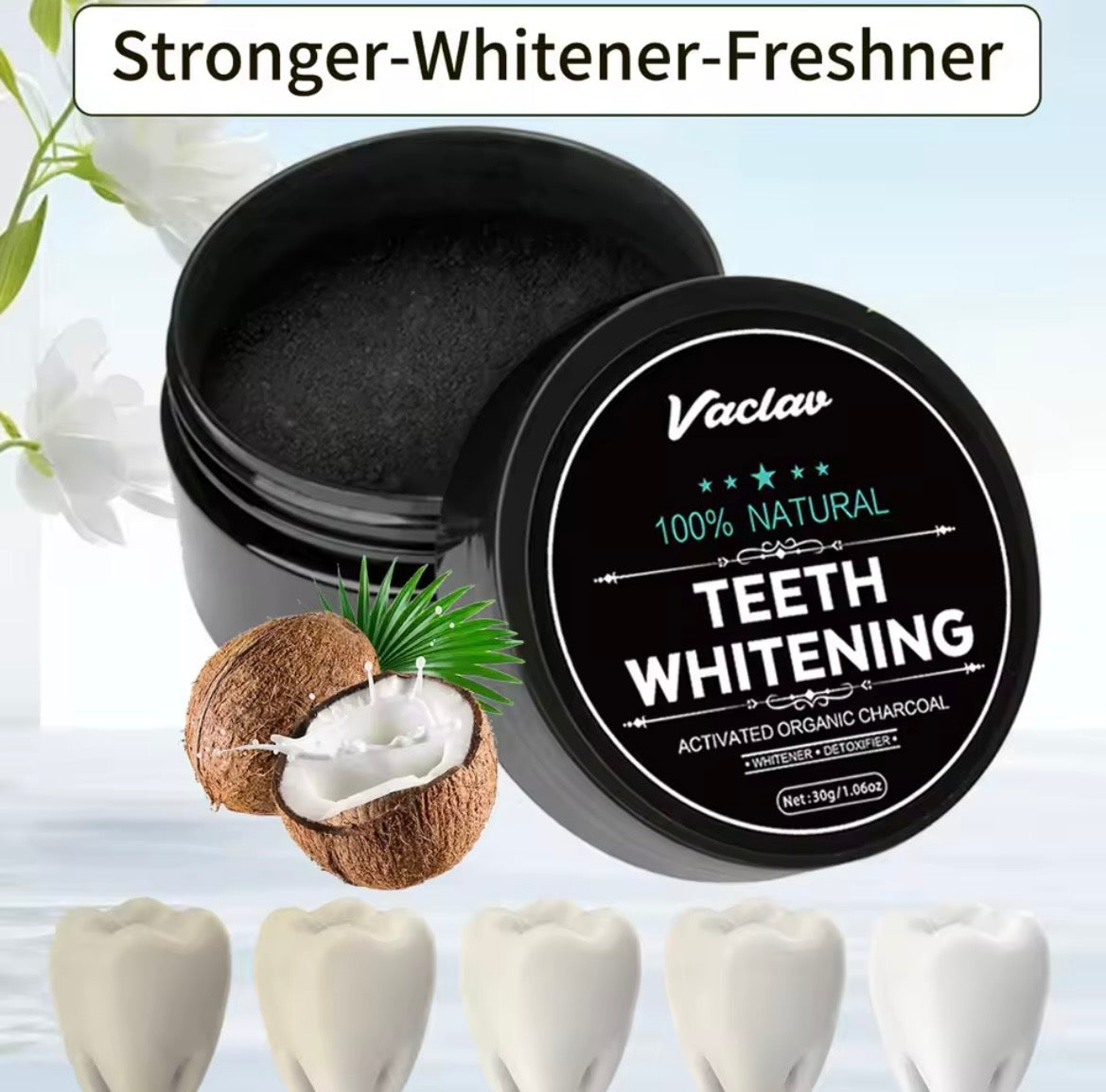 An open black jar of Vaclav teeth whitening charcoal powder next to its black lid, with a graphic of a coconut and green leaves, and five white teeth shown at the bottom on a light background.