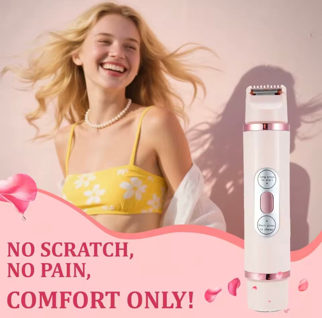 A woman with windblown blonde hair smiles in a yellow floral bikini top against a pink background, next to a white and rose gold electric hair trimmer. Text on the image reads 'NO SCRATCH, NO PAIN, COMFORT ONLY!'.