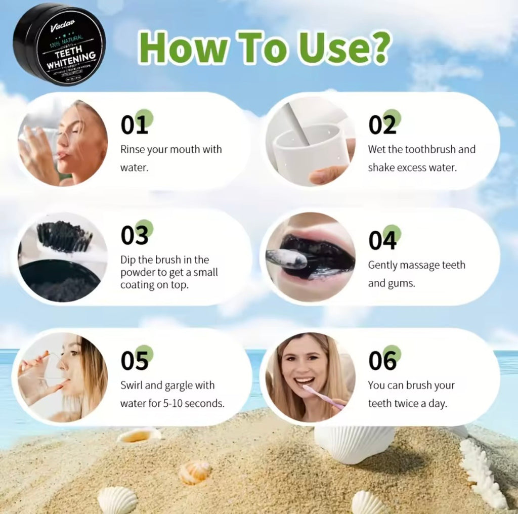 An instructional graphic titled 'How To Use?' for Visser Teeth Whitening, showing six numbered steps with small photos and text on a beach-themed background with sand, shells, and blue sky.