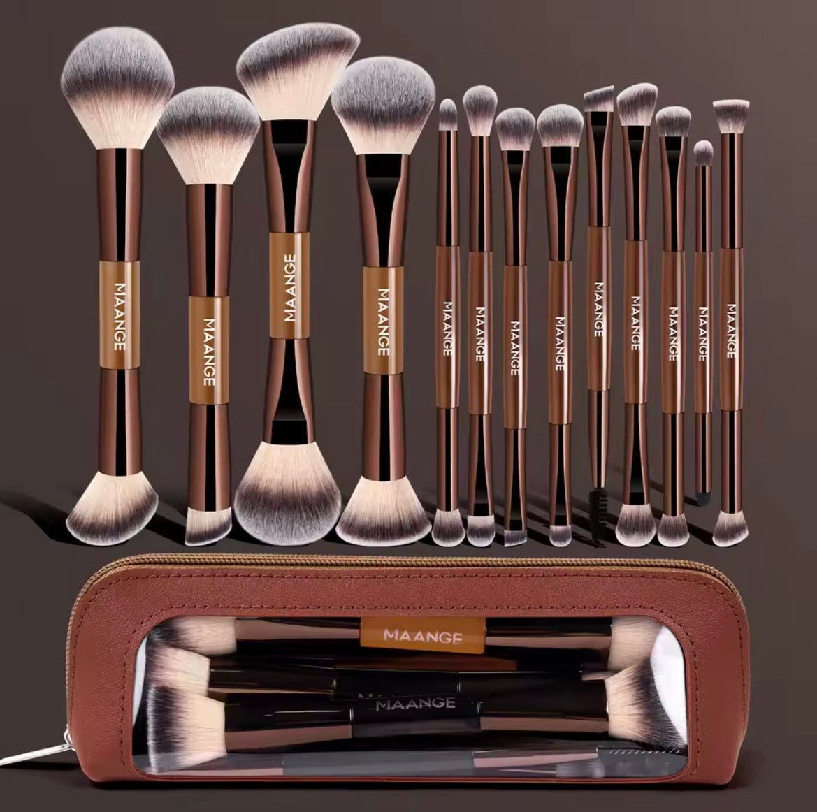 13-piece professional makeup brush set with dual-ended brushes and brown leather storage bag on dark background