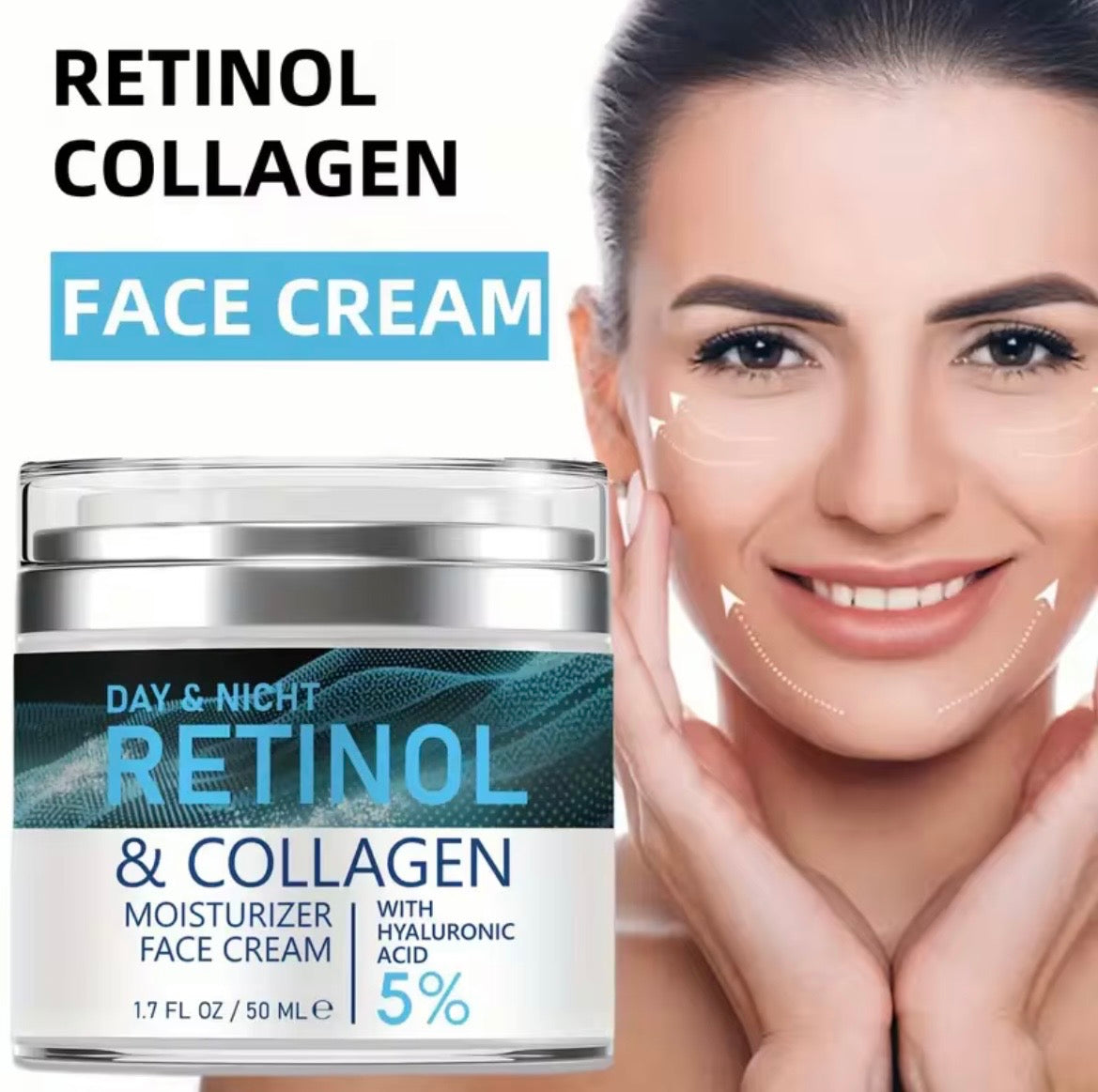 A jar of Day & Nacht Retinol & Collagen Moisturizer Face Cream is shown next to a smiling woman touching her face, with German text reading 'RETINOL COLLAGEN FACE CREAM' on a white background.