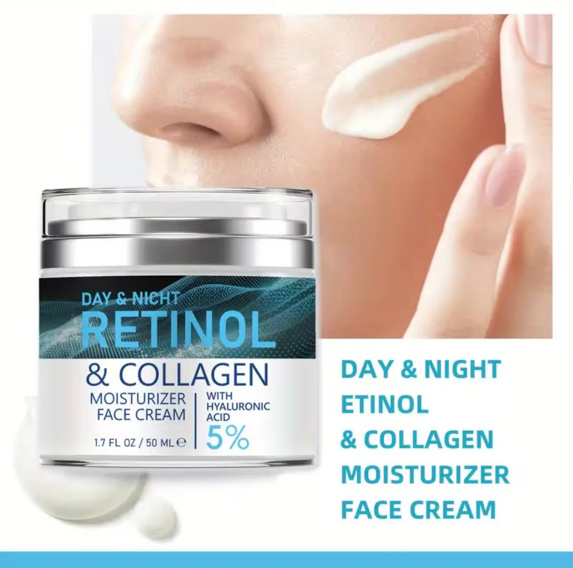 A jar of Day & Night Retinol & Collagen Moisturizer Face Cream shown in front of a close-up of a person applying cream to their face. The jar has a silver lid and a blue and white label.