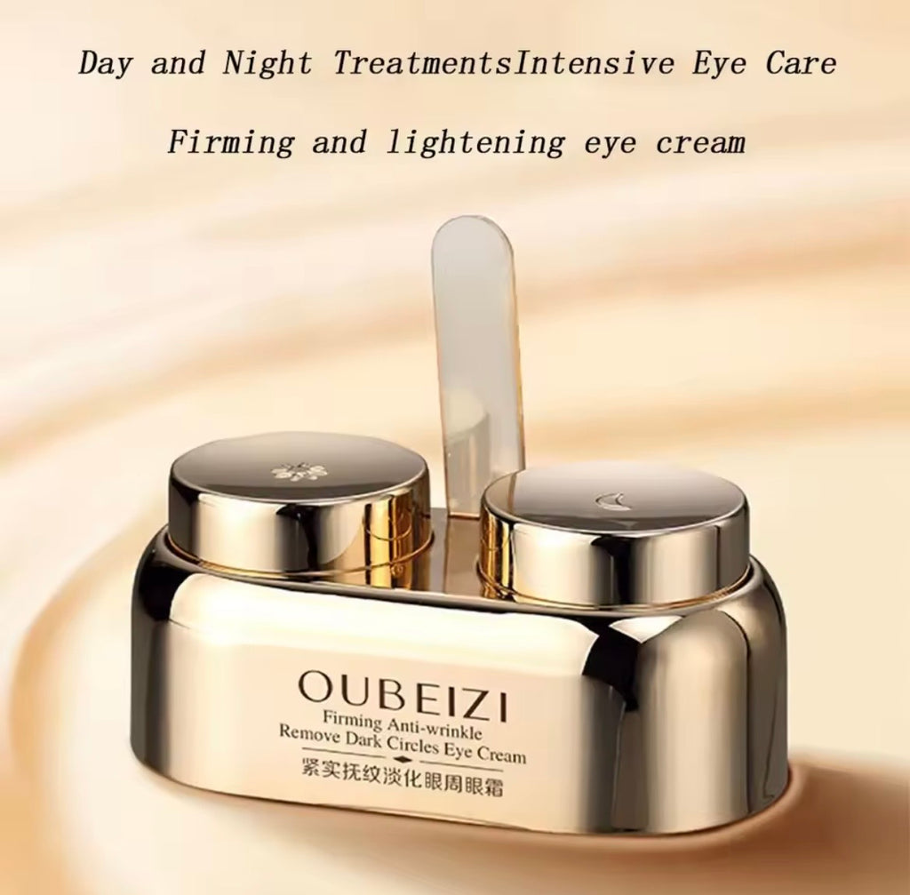 OUBEIZI Firming Anti-wrinkle Remove Dark Circles Eye Cream in a shiny metallic silver jar with two lids and a small applicator, set against a warm beige background with promotional text at the top.