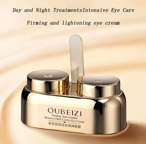 OUBEIZI Firming Anti-wrinkle Remove Dark Circles Eye Cream in a shiny metallic silver jar with two lids and a small applicator, set against a warm beige background with promotional text at the top.
