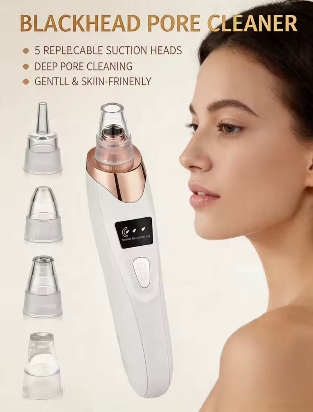 White and rose gold handheld blackhead pore cleaner shown with five interchangeable suction heads on the left and a woman's face in profile on the right. Text at the top reads 'BLACKHEAD PORE CLEANER' with bullet points about reusable suction heads, deep pore cleaning, and gentle skin-friendly use.