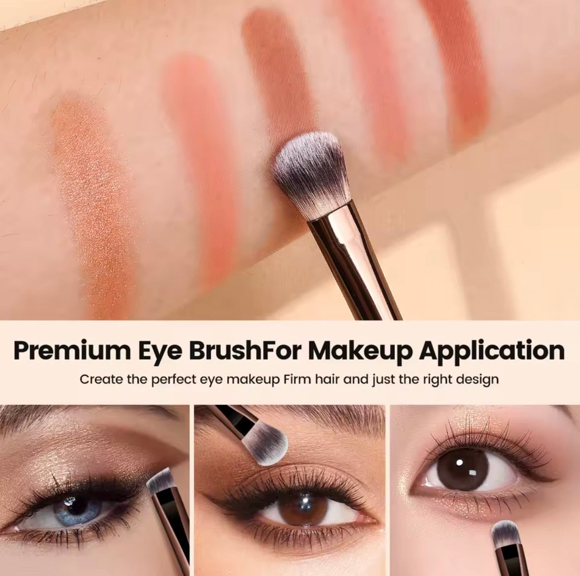 Premium eye makeup brush shown with eyeshadow swatches and three close-up images of eye makeup application