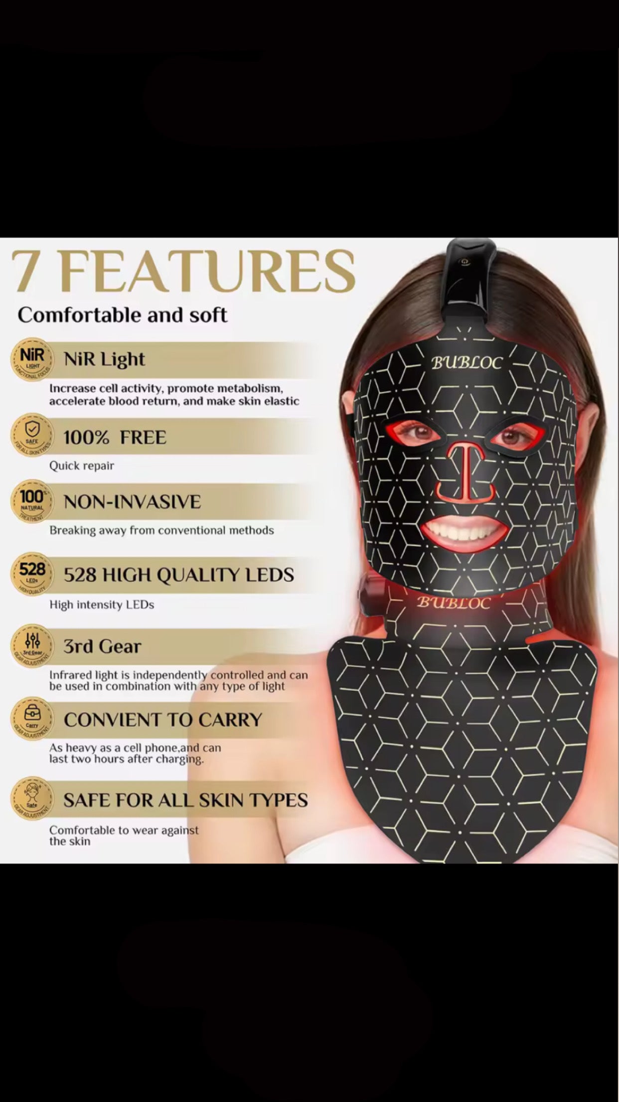 Portable Silicone LED Face Mask with Neck Red Light Near Infrared Therapy Anti Aging Repair Skin Brighten Skin Tone Home Use