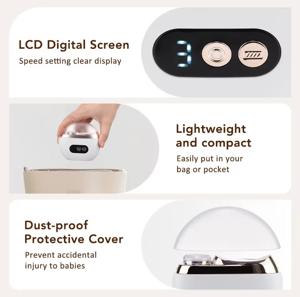 Three-panel product feature graphic for a small baby bottle or powder dispenser with text callouts: LCD digital screen, lightweight and compact, and dust-proof protective cover.