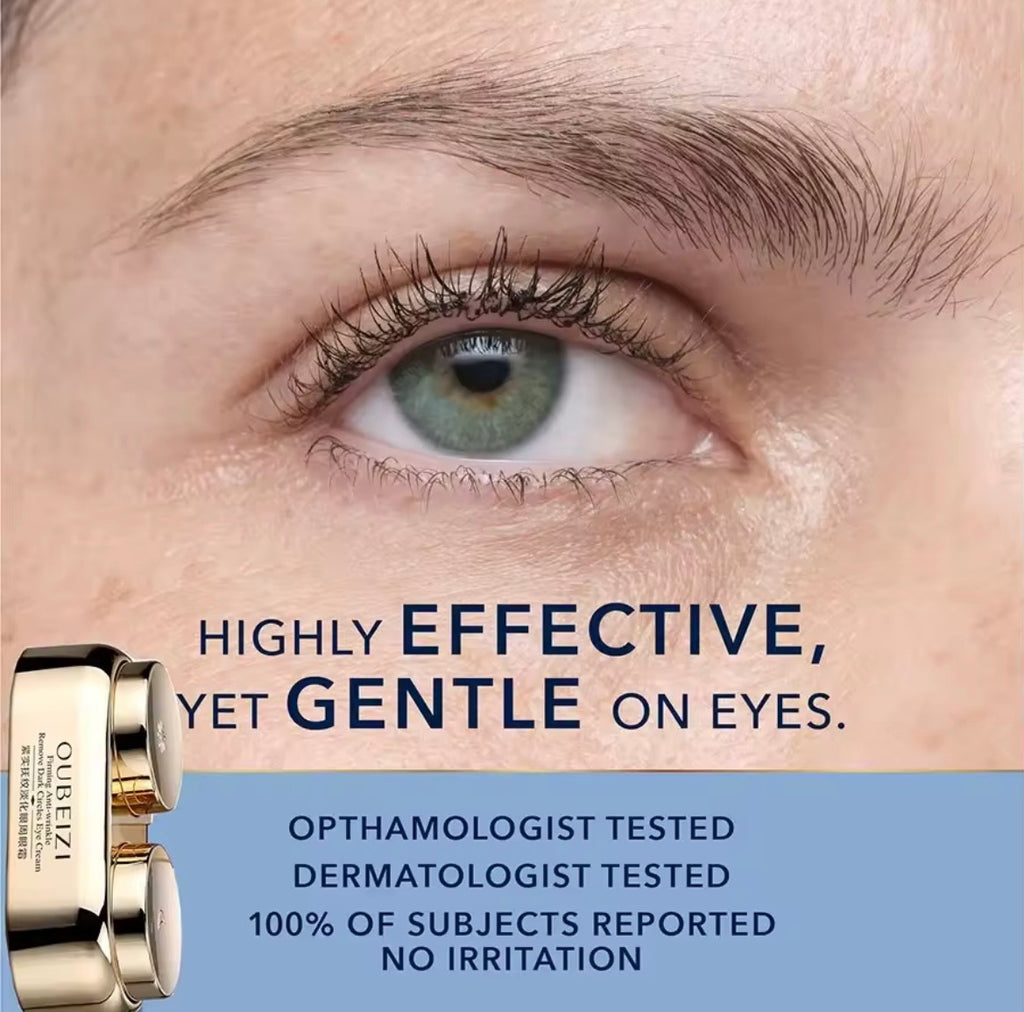 Close-up of a human eye with eyebrow and cheek visible, alongside a small bottle of QUREZI1 eye cream and marketing text about gentle effectiveness and dermatologist testing.