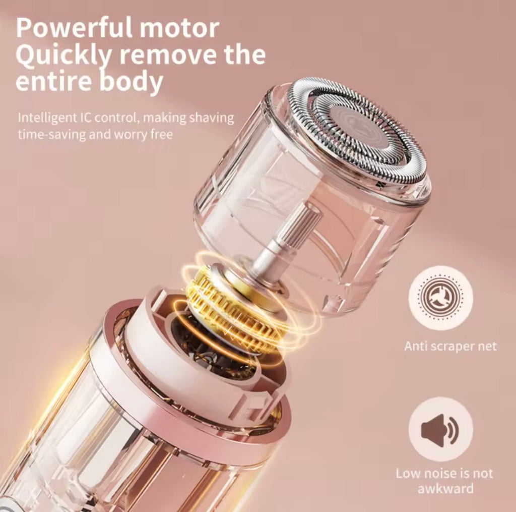 A close-up promotional graphic of a transparent and metallic electric shaver with glowing yellow highlights indicating powerful motor and internal cleaning features. White text on the left reads 'Powerful motor Quickly remove the entire body,' and icons on the right say 'Anti scraper net' and 'Low noise is not awkward.