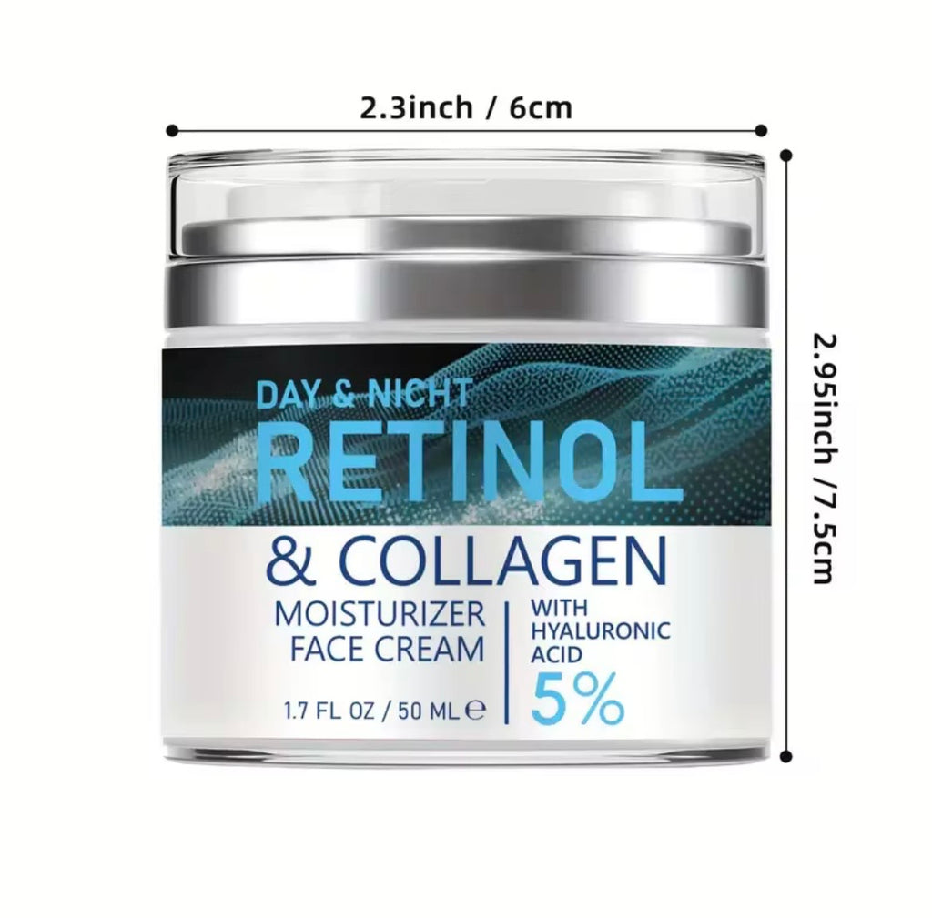 A jar of Day & Nacht Retinol & Collagen Moisturizer Face Cream shown on a white background with black dimension lines indicating 2.3 inch width and 2.