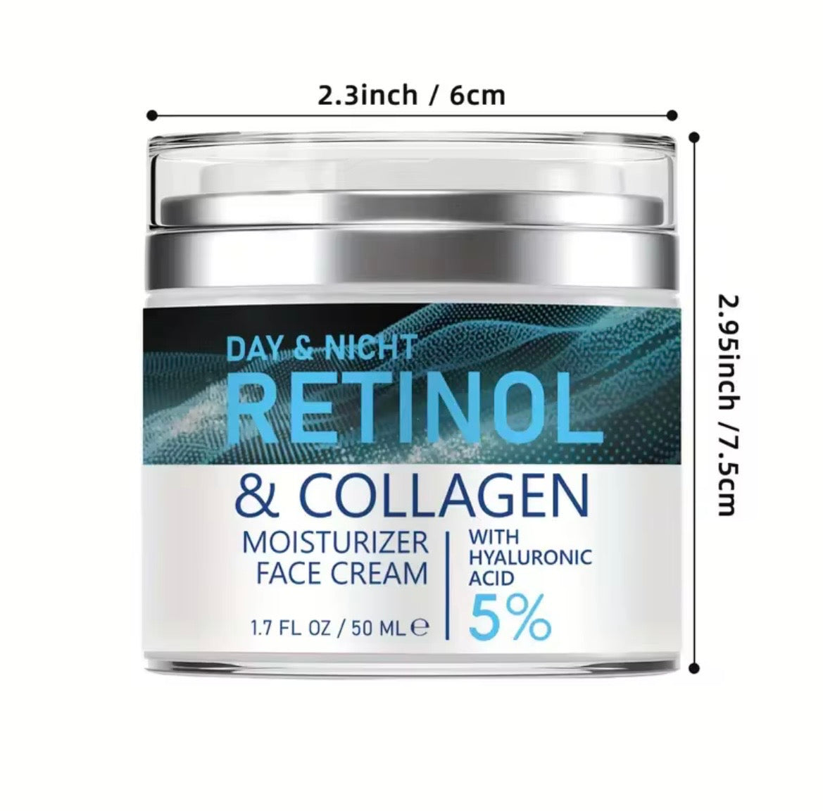 A jar of Day & Nacht Retinol & Collagen Moisturizer Face Cream shown on a white background with black dimension lines indicating 2.3 inch width and 2.