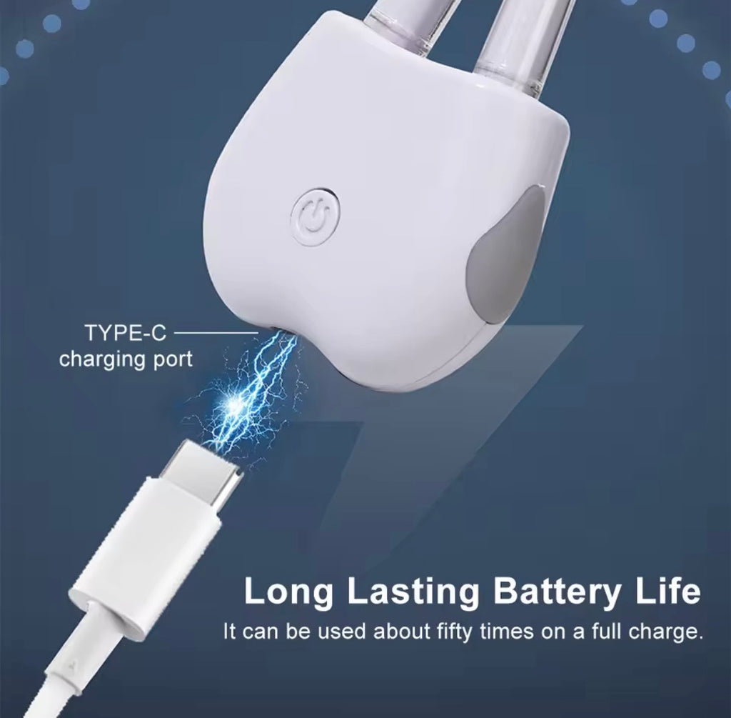 A white USB-C charging adapter with a power button, shown plugging into a USB-C cable. The image includes text overlays reading 'TYPE-C charging port' and 'Long Lasting Battery Life It can be used about fifty times on a full charge.