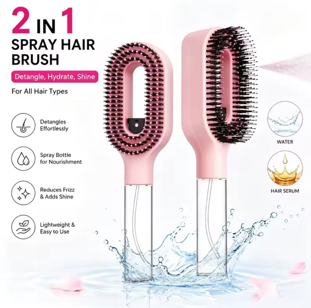 A 2-in-1 spray hair brush shown from two angles on a white background with promotional text and icons. The product has a light pink handle, black bristles, and a clear water bottle base.