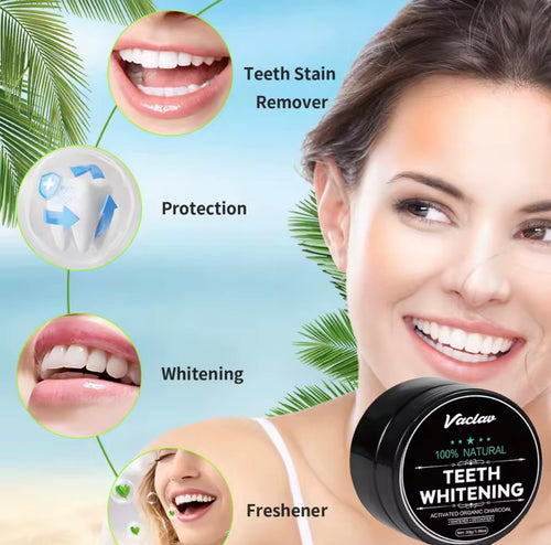 A promotional graphic for a teeth whitening product. A smiling woman with bright white teeth appears on the right, while the left side shows four benefit callouts: teeth stain remover, protection, whitening, and freshener, each illustrated with a small icon.