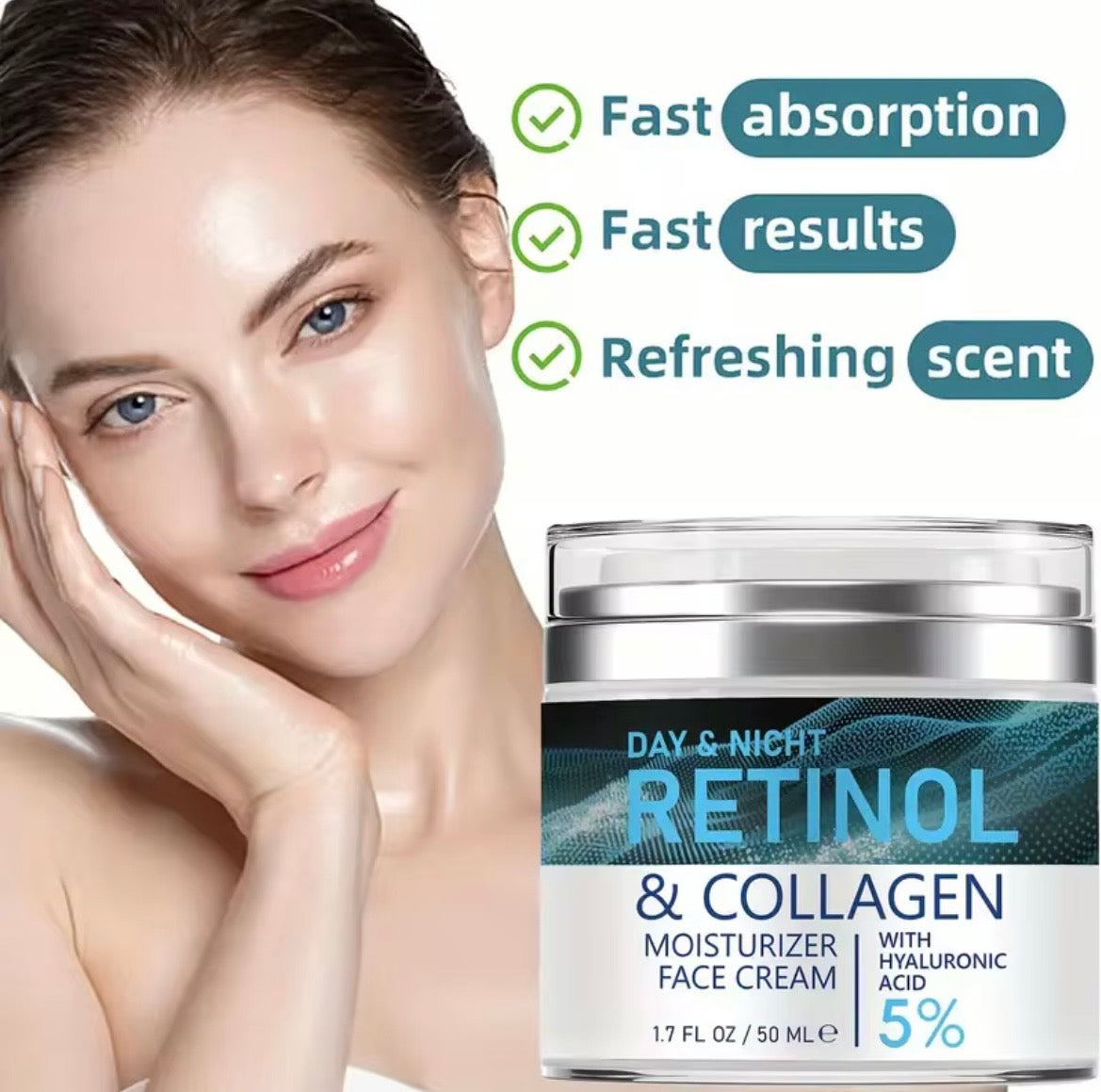 Bliss and Beauty™ Retinol & Collagen Day & Night Moisturiser Face Cream with 5% Hyaluronic Acid – fast absorption, fast results, refreshing scent – 50ml jar