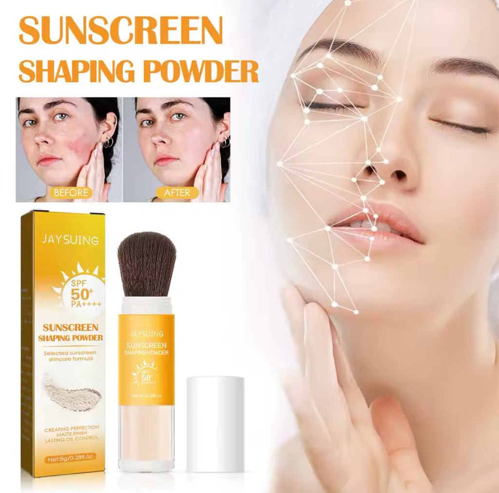 Jaysuing Sunscreen Shaping Powder SPF 50+ shown with its yellow and white box, brush, and cap on a white background, alongside before-and-after face comparison photos and a large close-up of a woman's face with glowing highlighted lines.