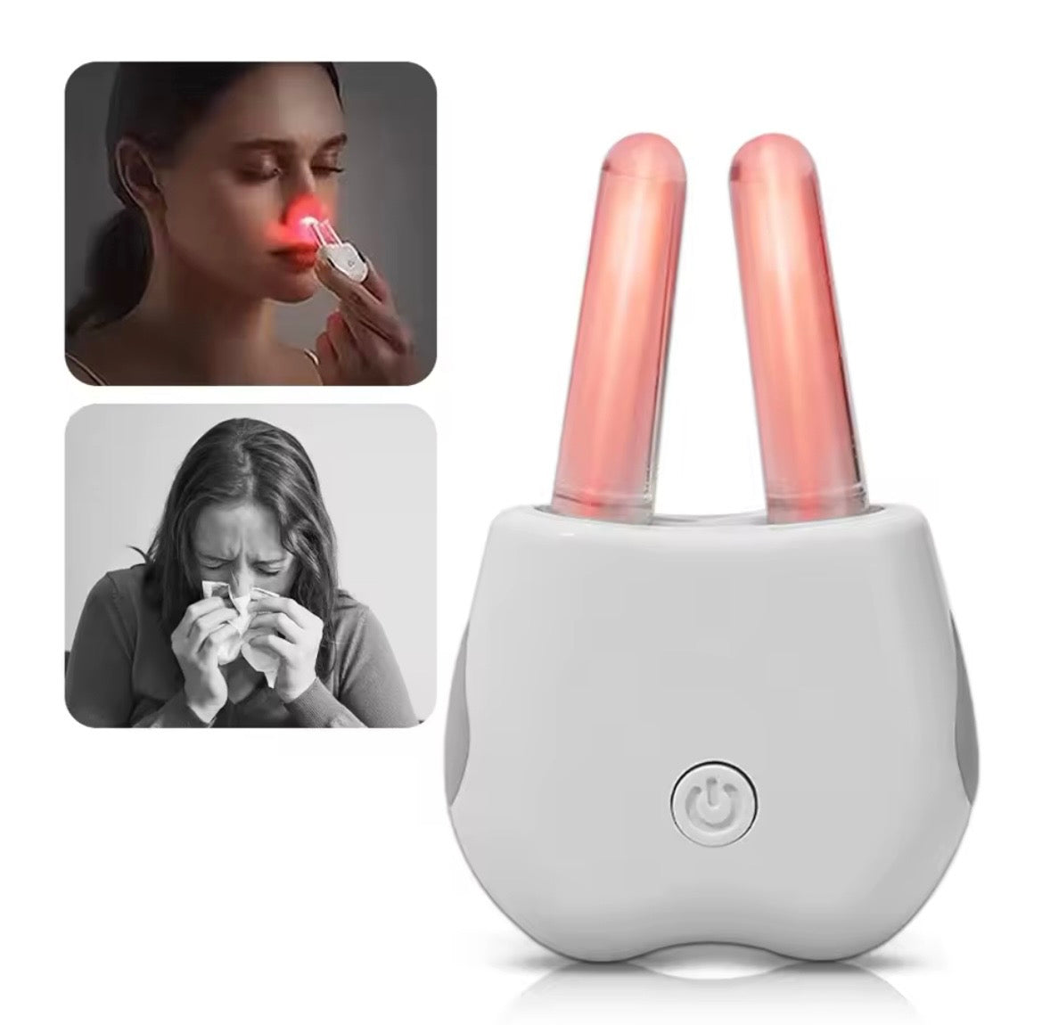 A white electronic nasal light therapy device with two glowing pinkish-red light tubes, shown on a white background with two inset photos demonstrating use for sinus congestion and nasal irritation.