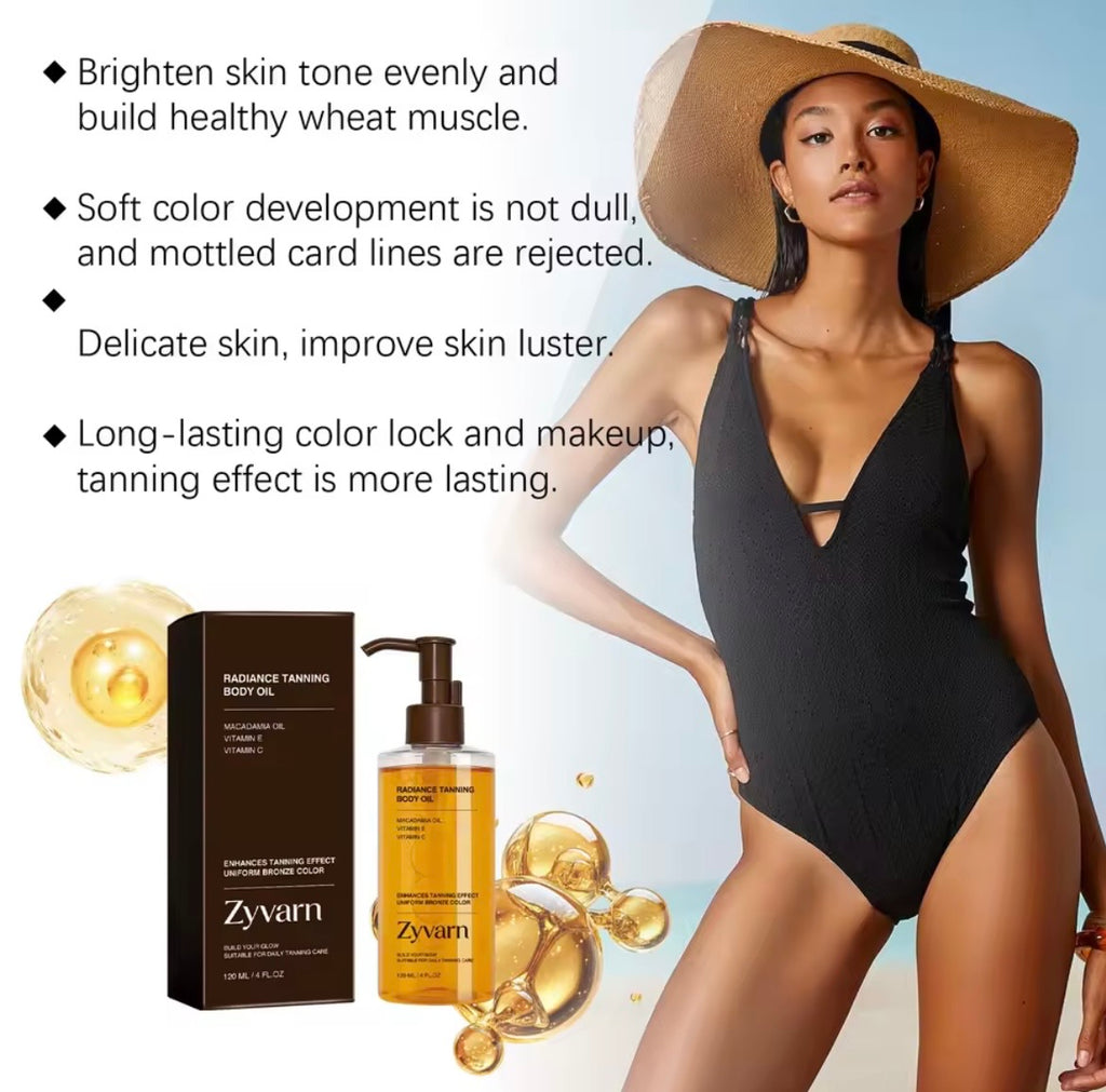 A woman in a black swimsuit and wide-brim straw hat stands beside a bottle and box of Zyvarn Radiance Tanning Body Oil with golden oil droplets on a light blue background, accompanied by marketing text.