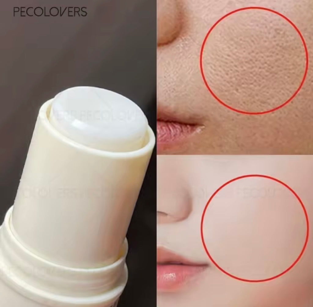 A collage showing a white cosmetic stick product on the left and close-up facial skin before/after-style results on the right, with red circles highlighting smoother skin on the lower right panel. The text 'PECOLOVERS' appears in the top left.
