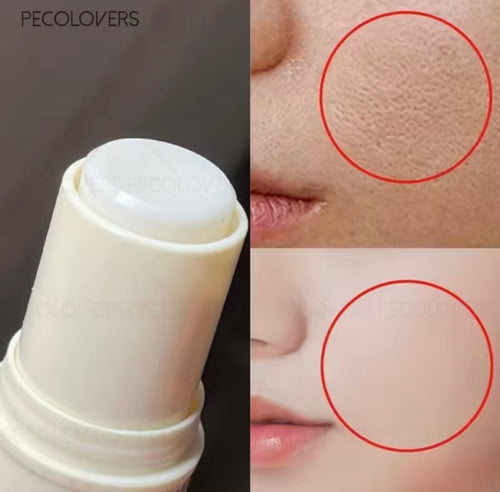 A collage showing a white cosmetic stick product on the left and close-up facial skin before/after-style results on the right, with red circles highlighting smoother skin on the lower right panel. The text 'PECOLOVERS' appears in the top left.