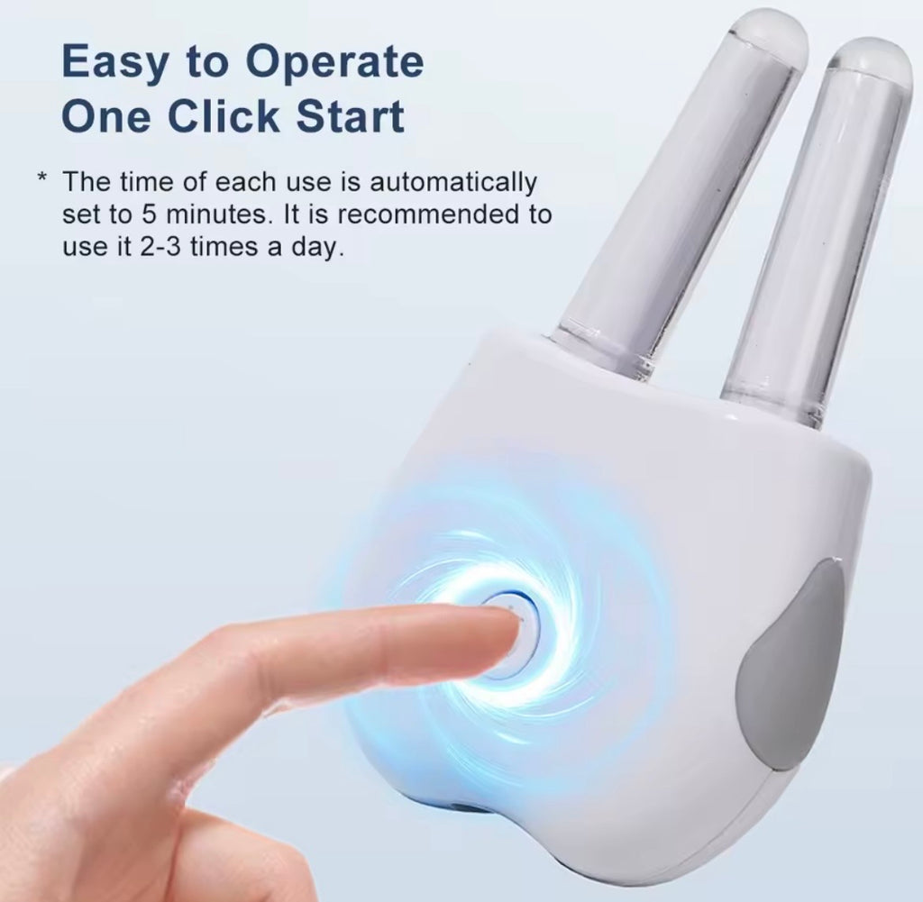 A white handheld electronic device with two clear curved prongs and a glowing blue light at the front, shown with a finger pressing the button. Text on the left reads 'Easy to Operate One Click Start' with usage details.