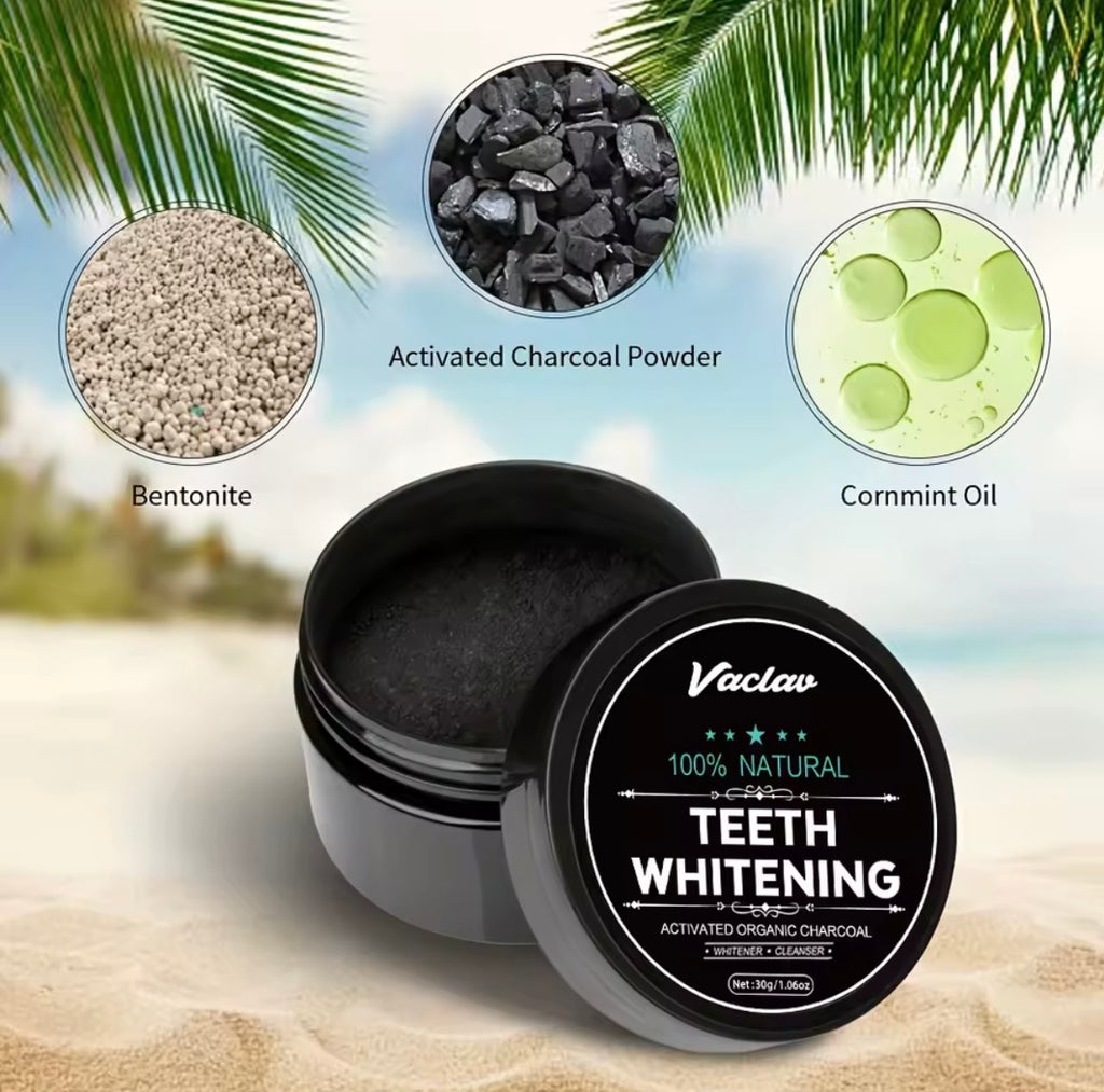 An open black jar of Vaclav Teeth Whitening tooth powder sits on a sandy beach-style background with palm leaves, alongside circular insets showing bentonite powder, activated charcoal powder, and cornmint oil.