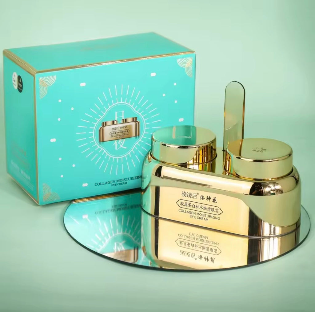 Collagen moisturizing cream set with a light blue gift box, a gold metallic jar, a matching lid with a small applicator stick, and a round mirror on a pale mint background.