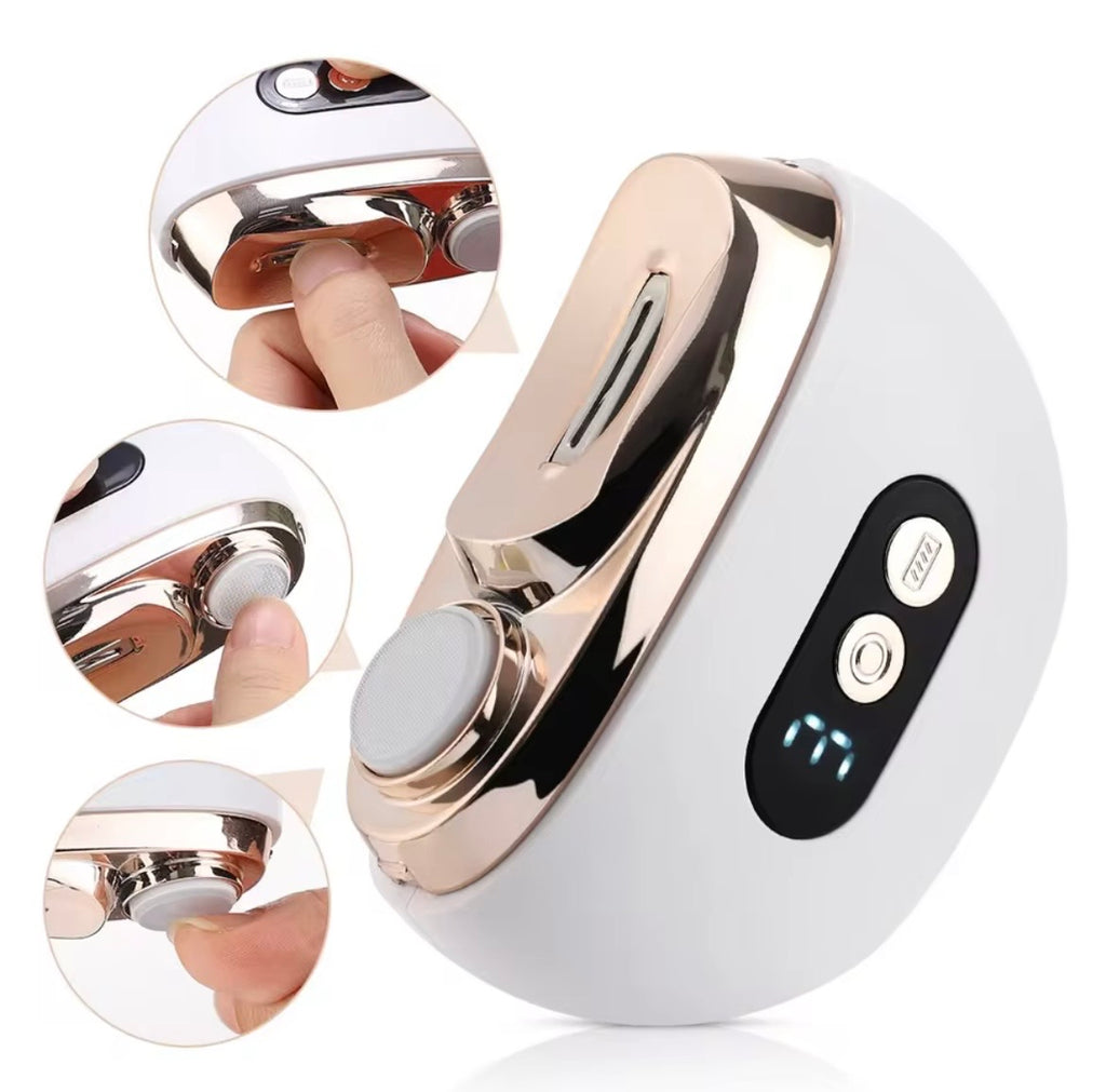 A white and rose gold handheld beauty device with circular inset close-ups showing a finger pressing buttons on the side and inside the device. The main product view shows a glossy finish, a large circular button, and a black control panel with small blue LED indicators.