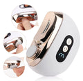A white and rose gold handheld beauty device with circular inset close-ups showing a finger pressing buttons on the side and inside the device. The main product view shows a glossy finish, a large circular button, and a black control panel with small blue LED indicators.