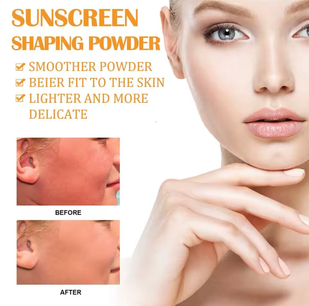 Sunscreen shaping powder advertisement featuring a close-up of a woman's face and hand, before-and-after skin texture comparison photos, and text highlighting smoother powder, better fit to the skin, and lighter, more delicate finish.