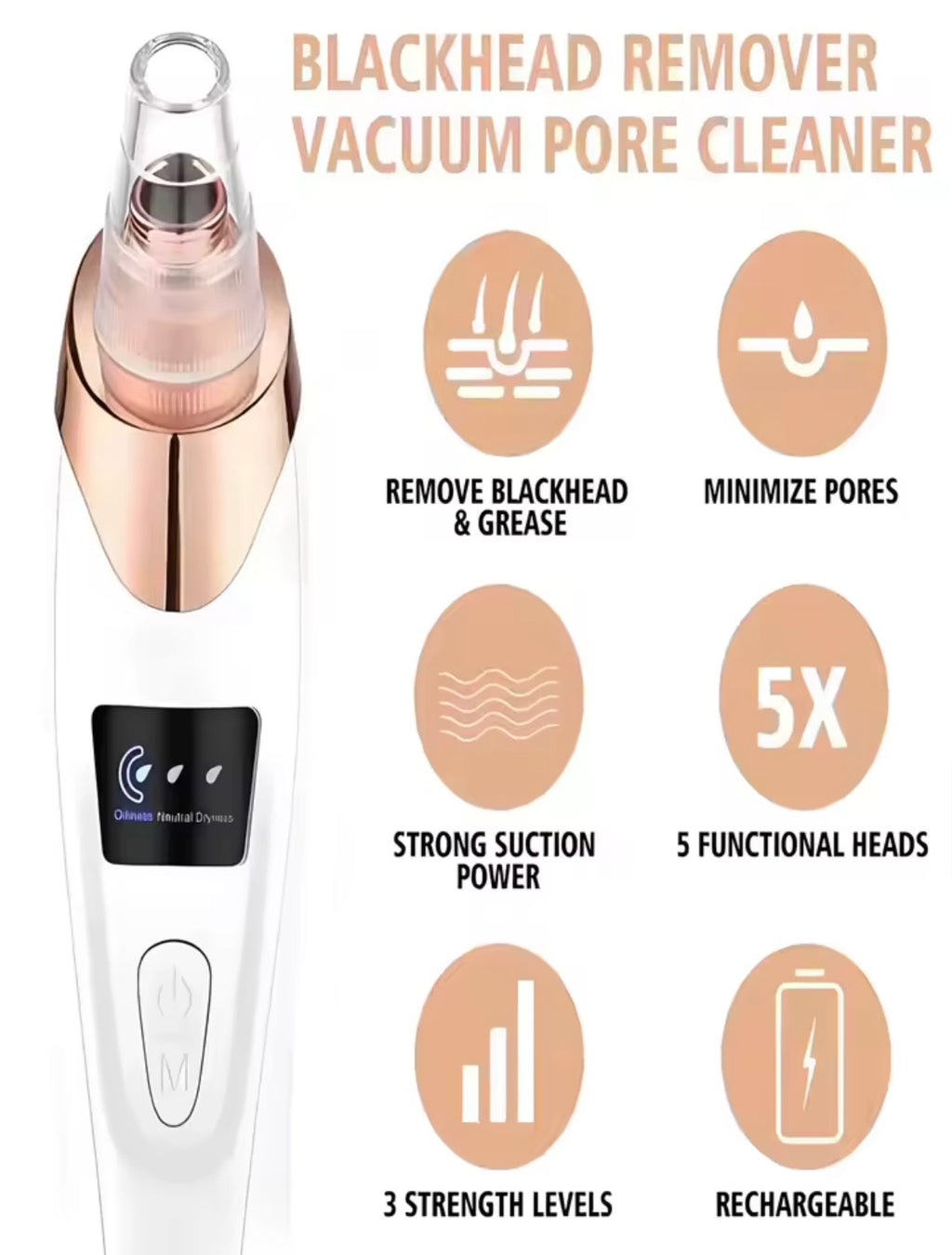 A white and rose gold vacuum pore cleaner shown next to feature icons on a white background, with text reading 'BLACKHEAD REMOVER VACUUM PORE CLEANER' and callouts for blackhead removal, pore minimization, suction power, functional heads, strength levels, and rechargeability.
