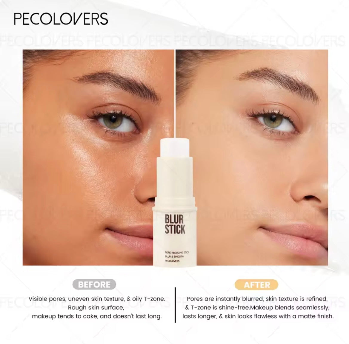 A beauty comparison graphic for PECOLOVERS Blur Stick foundation, showing a before-and-after close-up of a woman's face with the foundation bottle centered between the two panels. Text below describes the visible pores and uneven skin texture in the before state versus the refined, pore-blurred finish in the after state.