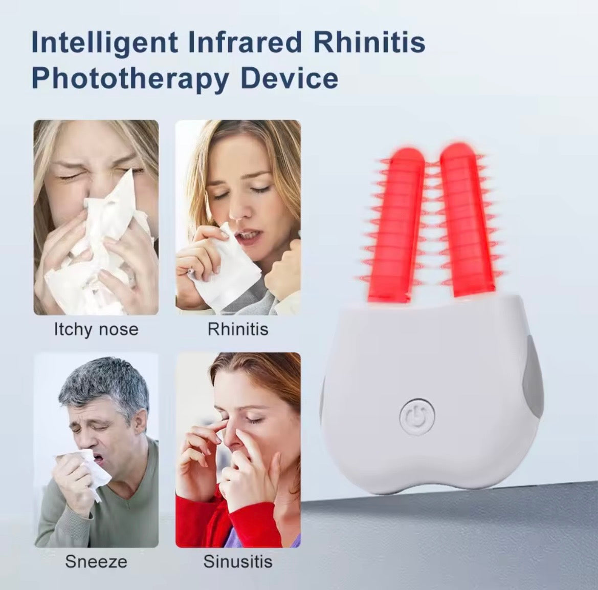 An intelligent infrared rhinitis phototherapy device shown on a light gray background, alongside four lifestyle photos of people suffering from itchy nose, rhinitis, sneeze, and sinusitis. The product is white with two red silicone bristles.