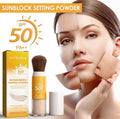 Jaysuingsunblock setting powder SPF 50 PA++ sunscreen setting powder shown with its yellow and white box, applicator brush, and cap next to a model demonstrating the product on her face.