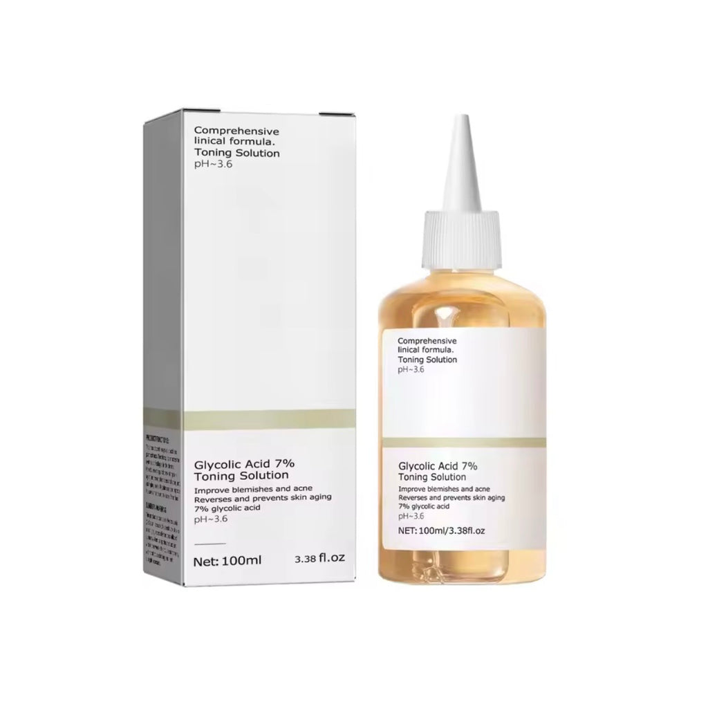 Glycolic Acid 7% Toning Solution by The Ordinary, shown with its white and gray packaging box and a clear bottle containing the golden liquid, on a plain white background.